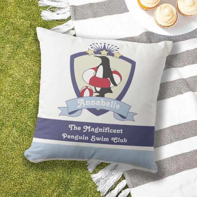 Swimming Club Wappen Niedlicher Cartoon Pinguin Ki Kissen (Von Creator hochgeladen)