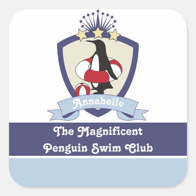 Swimming Club Wappen Niedlicher Cartoon Pinguin Ki Quadratischer Aufkleber (Vorderseite)