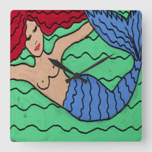 Swimming Mermaid Abstract Painting Square Wall Clo Quadratische Wanduhr