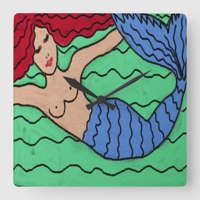 Swimming Mermaid Abstract Painting Square Wall Clo Quadratische Wanduhr (Vorderseite)