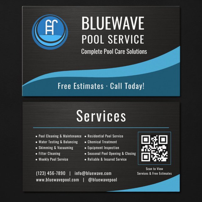  Swimming Pool Service QR Code Metallic Visitenkarte (Von Creator hochgeladen)