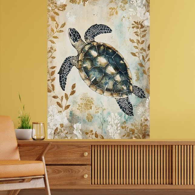 swimming sea turtle surrounded by floral patterns. poster (Wohnzimmer 2)