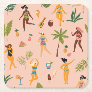 Swimsuit Ladys: Tropischer Vintager Tanz Rechteckiger Pappuntersetzer
