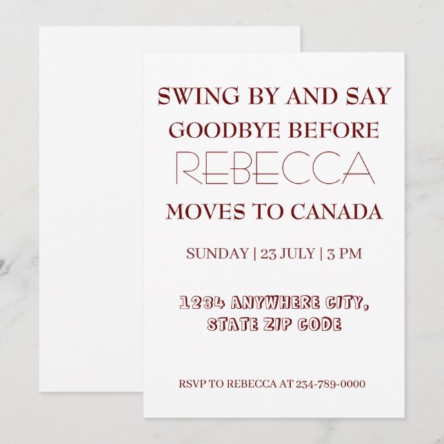 Swing By and Say Goodbye geht weg Abarewell Party Einladung (Vorne/Hinten)