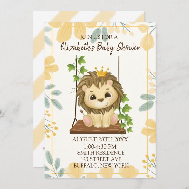 Swing Flora Prince Lion Boy Baby Dusche Einladung (Vorne/Hinten)