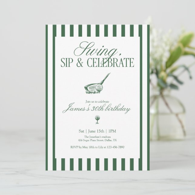 Swing Sip Celebrate Golf Birthday Green Stripe Einladung (Stehend Vorderseite)