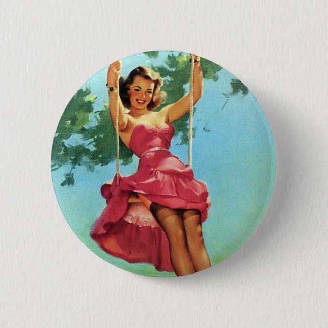 Swingendes Pin Up Mädchen Button (Vorderseite)