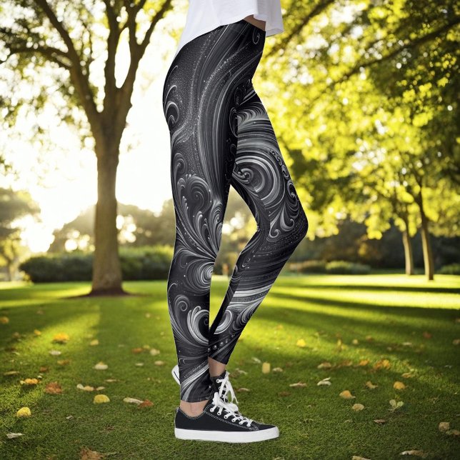 Swirbeln Modernes Abstraktes Schwarz und Silber Leggings (Von Creator hochgeladen)