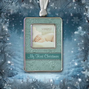 Swirl Aqua Baby First Christmas Rahmen-Ornament Silber