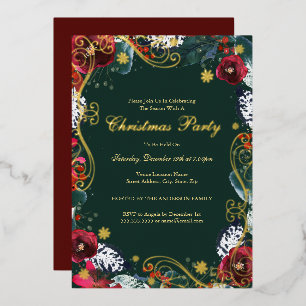 Swirl Blumengrün Gold Rotes Weihnachtsfest Party Folieneinladung