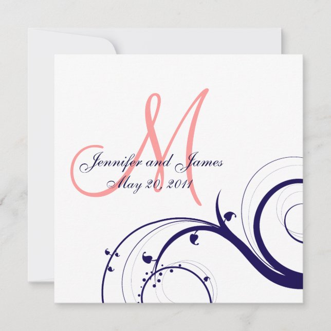 Swirl Hochzeiten Einladungen Navy Blue Coral Pink (Vorderseite)