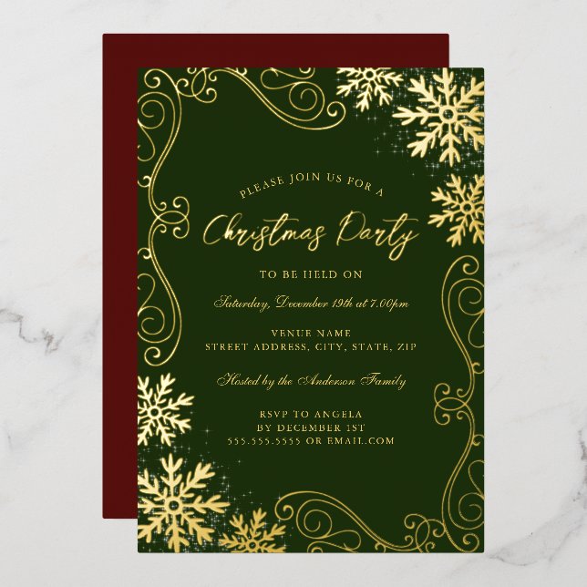 Swirl Red Green Snowflake Weihnachtsfest Party Folieneinladung (Vorderseite/Rückseite)
