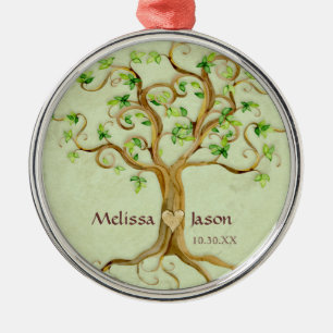 Swirl Tree Roots Antike Personalisierte Namen Herz Silbernes Ornament