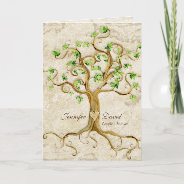 Swirl Tree Roots Antiqued Tan Couples Dusche Einladung (Vorderseite)