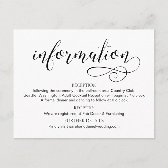 Swirl Typografy Wedding Information Card Script Begleitkarte (Vorderseite)