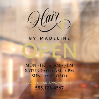 Swirly Black Text Scissors Hair Salon Open Hours Fensteraufkleber