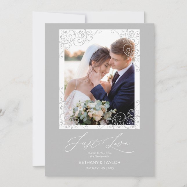 Swirly Flourish Grey Ornament Photo Newlyweds Dankeskarte (Vorderseite)