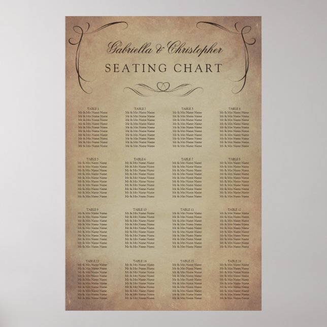 Swirly Vintage | Hochzeit Sitzordnung 16 Tische Poster (Vorne)