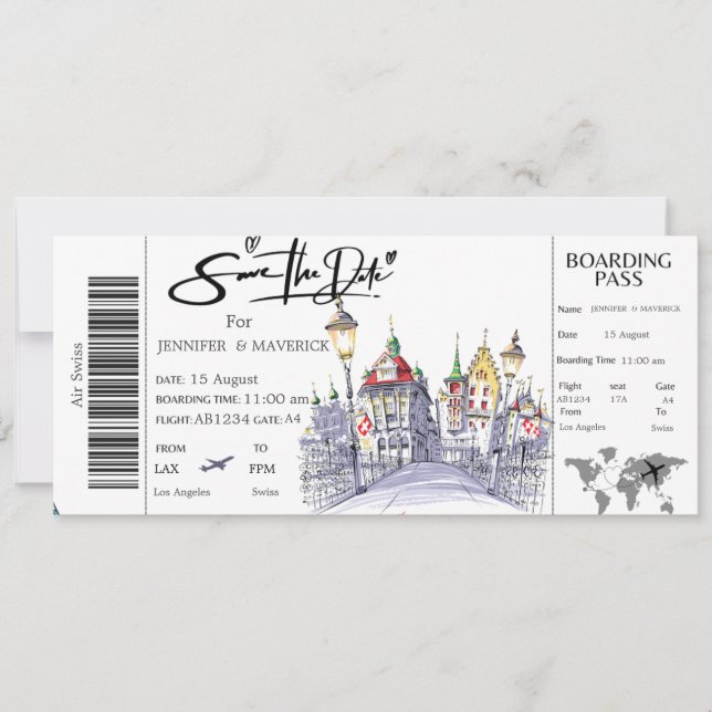 Swiss Boarding Pass Save the Date Ticket Einladung (Vorderseite)
