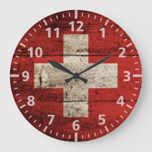 Switzerland Flag on Old Wood Grain Große Wanduhr