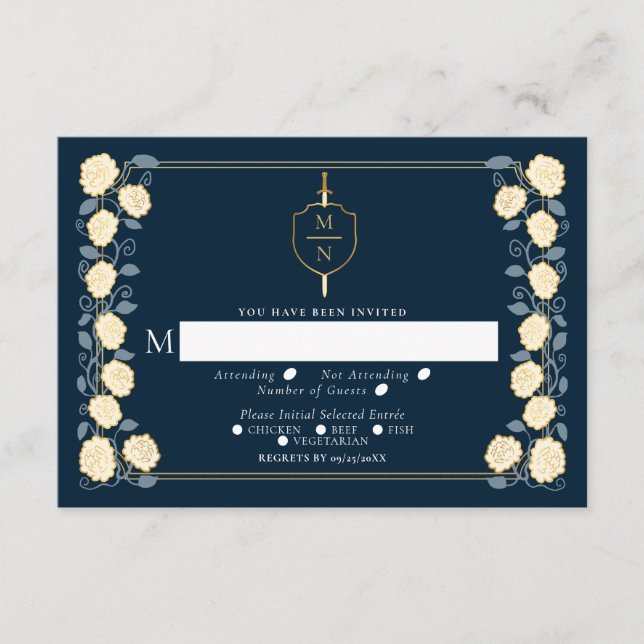 Sword & Shield Fantasy Wedding RSVP Blue Begleitkarte (Vorderseite)