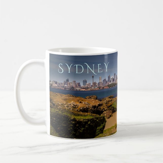 Sydney Australia Skyline von Bradleys Head Kaffeetasse (Links)
