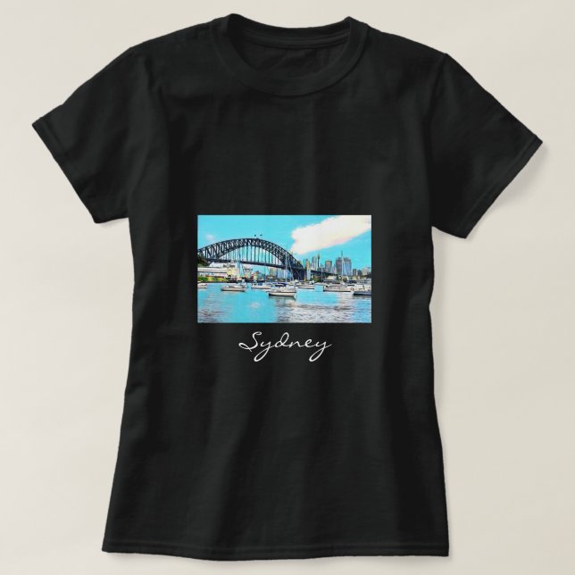 Sydney Harbour Bridge blauer Himmel mit Jachten T-Shirt (Design vorne)