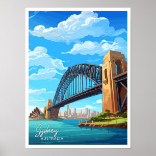 Sydney Harbour Bridge Travel Vintag Illustration Poster