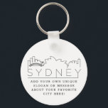 Sydney | Stylisierte Skyline Custom Slogan Schlüsselanhänger<br><div class="desc">Eine einzigartige Schlüsselkette,  die die schöne und einladende Stadt Sydney,  Australien,  repräsentiert. Dieser Schlüsselanhänger zeigt die einzigartige Skyline der Stadt mit ihrem Namen darunter. Unter dem Namen der Stadt finden Sie einen Platz für Ihren einzigartigen Slogan oder Ihre Aussage über Ihre Lieblingsstadt.</div>