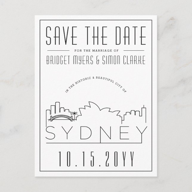 Sydney Wedding Deko Skyline Save the Date Postkarte (Vorderseite)