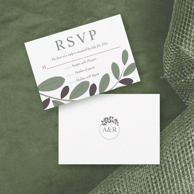 Sylized Olive Zweig Mittelmeercharme Hochzeit RSVP Karte (Von Creator hochgeladen)