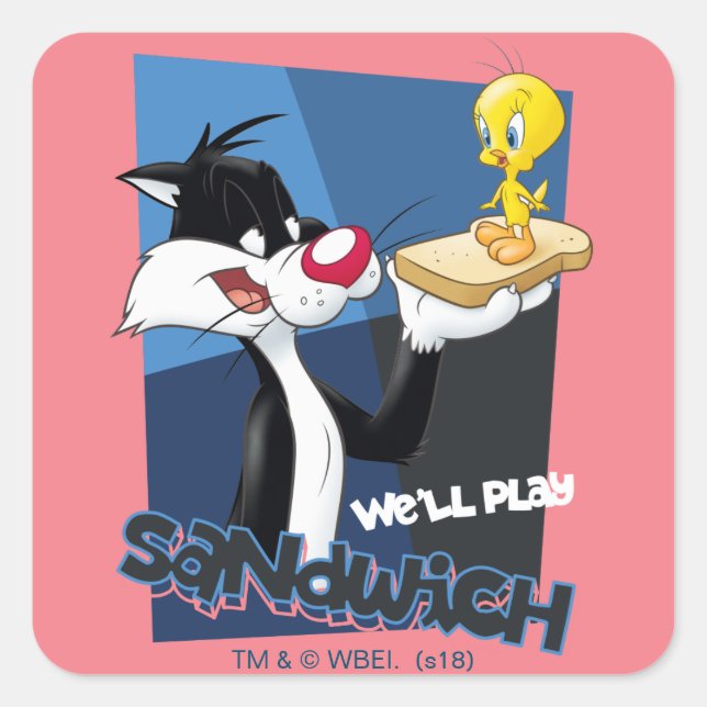 SYLVESTER™ & TWEETY™ "We'll Play Sandwich" Quadratischer Aufkleber (Vorderseite)