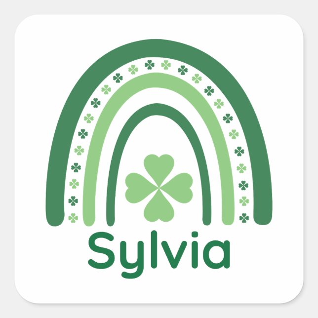 Sylvia Name Clover Boho Rainbow Quadratischer Aufkleber (Vorderseite)