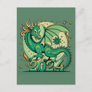 Symbol 2024 Neues Jahr, Grüner Holzdrache Postkarte