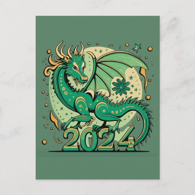 Symbol 2024 Neues Jahr, Grüner Holzdrache Postkarte (Vorderseite)