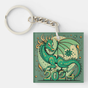 Symbol 2024 Neujahr, Grüner Holz-Drache  Schlüsselanhänger