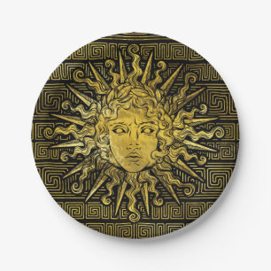 Symbol Apollo Sun auf griechischem Schlüsselmuste Pappteller