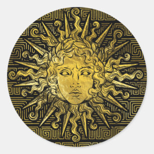 Symbol Apollo Sun auf griechischem Schlüsselmuste Runder Aufkleber