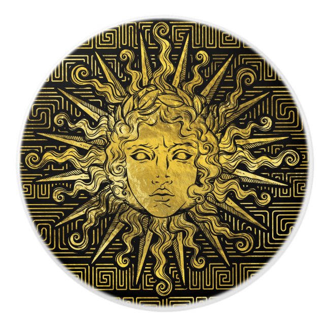 Symbol Apollo Sun auf griechischem Schlüsselmuster Keramikknauf (Vorderseite)