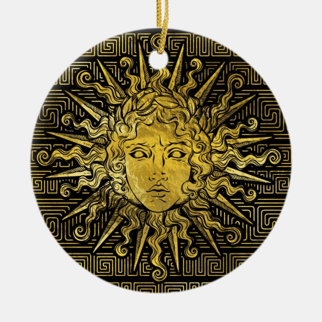 Symbol Apollo Sun auf griechischem Schlüsselmuster Keramikornament (Vorne)