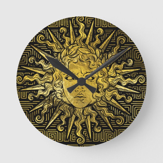 Symbol Apollo Sun auf griechischem Schlüsselmuster Runde Wanduhr (Vorderseite)
