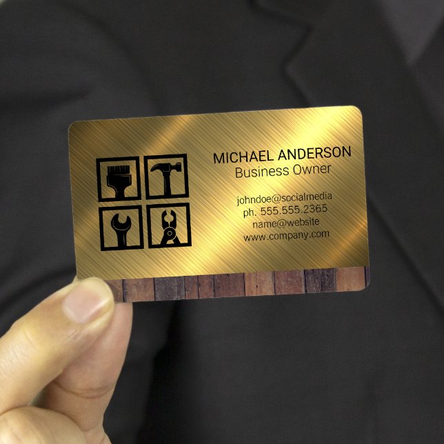 Symbol für Bauwerkzeug | Holz - Metall - Hintergru Visitenkarte (Von Creator hochgeladen)