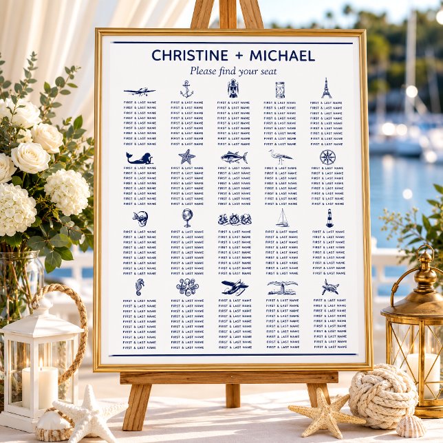 Symbol für die Hochzeitsstiftung Poster (This seating chart in a nautical theme has symbols that represent the guest tables.
)