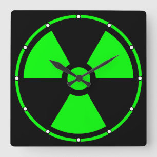 Symbol für radioaktive Strahlung in grünen Punkten Quadratische Wanduhr