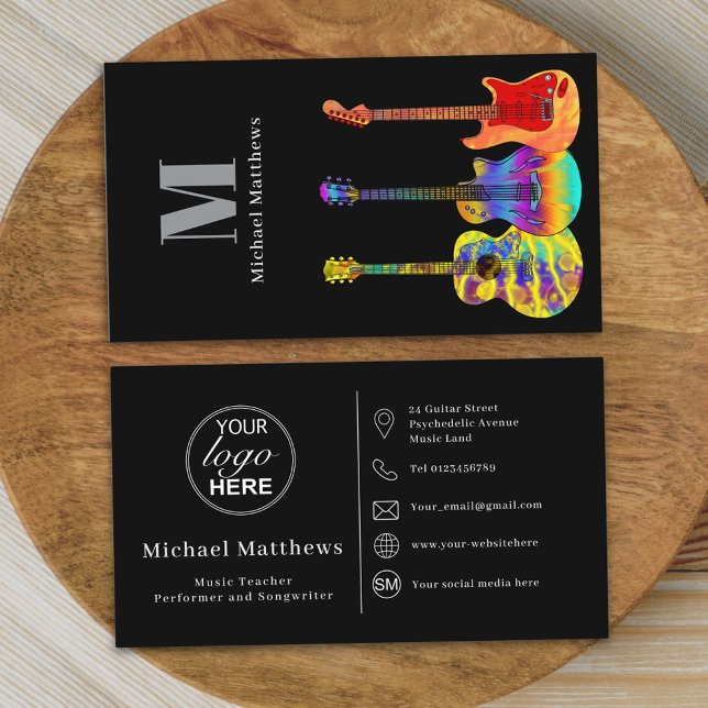 Symbol für Social Media für den Gitarrenlehrer Visitenkarte (Modern guitar music teacher professional musician logo and social media black and white Business )