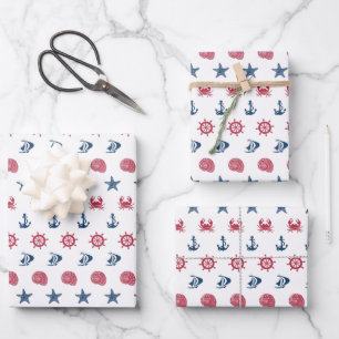 Symbol-Muster in Rot-Weiß und Blau-Meer Geschenkpapier Set