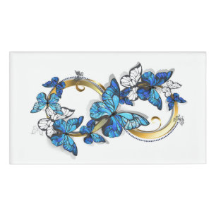 Symbol Unendlichkeit von blauen Morpho-Schmetterli Namenschild