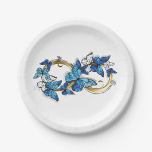 Symbol Unendlichkeit von blauen Morpho-Schmetterli Pappteller
