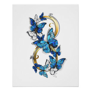 Symbol Unendlichkeit von blauen Morpho-Schmetterli Poster