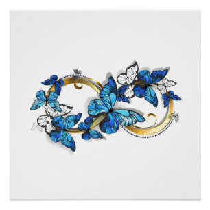 Symbol Unendlichkeit von blauen Morpho-Schmetterli Poster